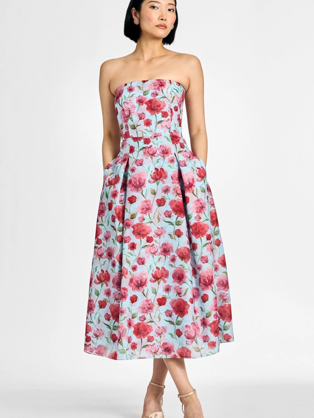 NWT Sachin & Babi Shay Strapless Floral Organza Midi Dress Sky Poppies Size 4